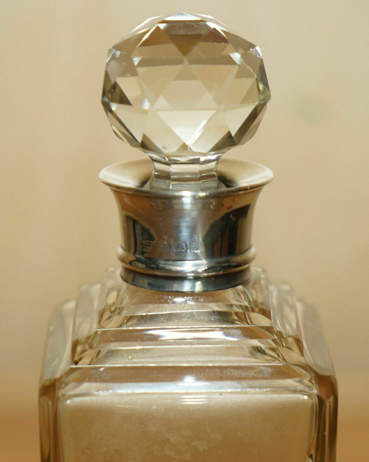Fine 1906 Antique Edwardian Whisky Spirit Decanter With Sterling Silver Collar photo 950.0