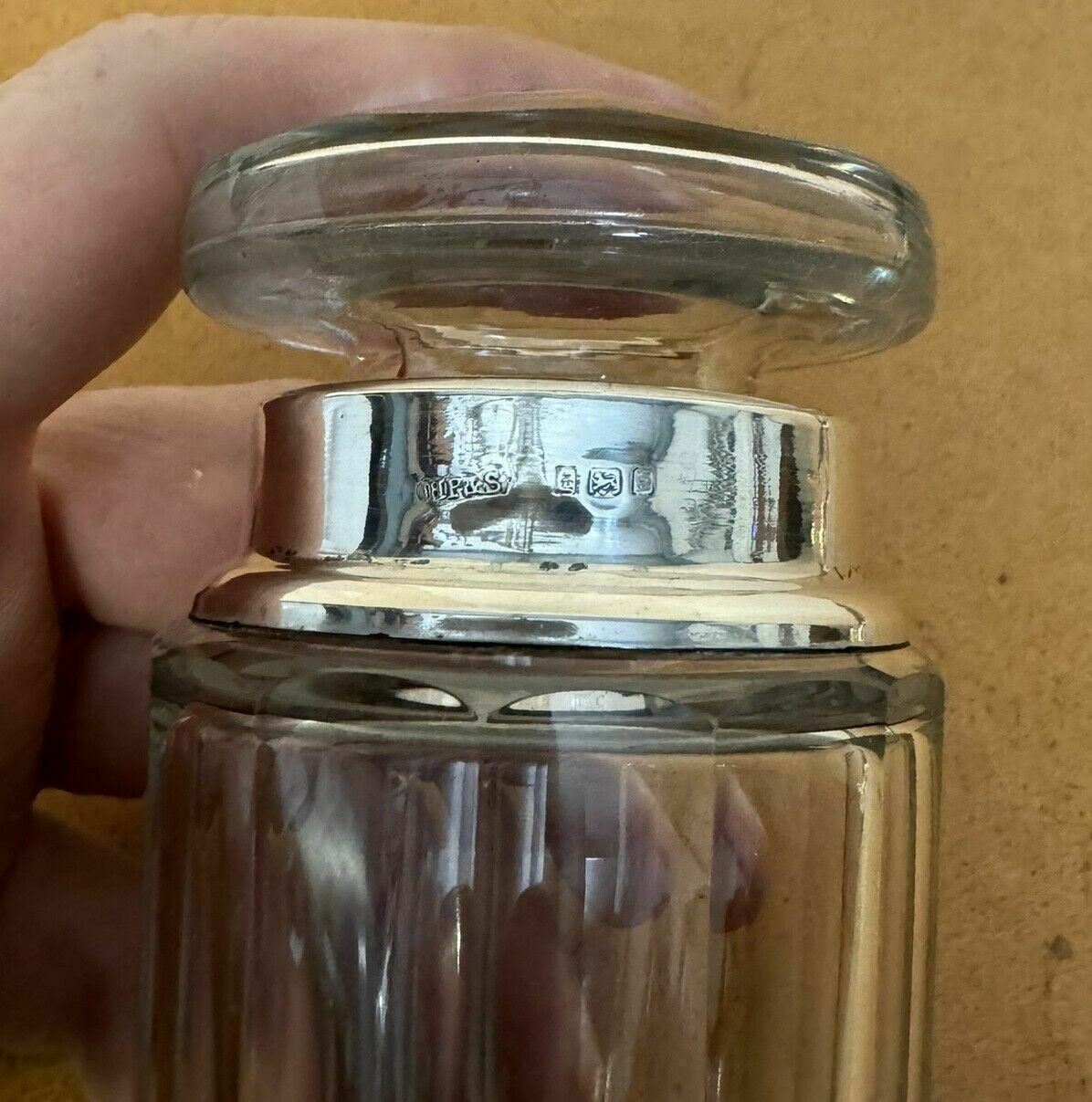 photo vinterior Antique Sterling Silver & Cut Glass Crystal Henry Perkins & Sons Trinket Jar