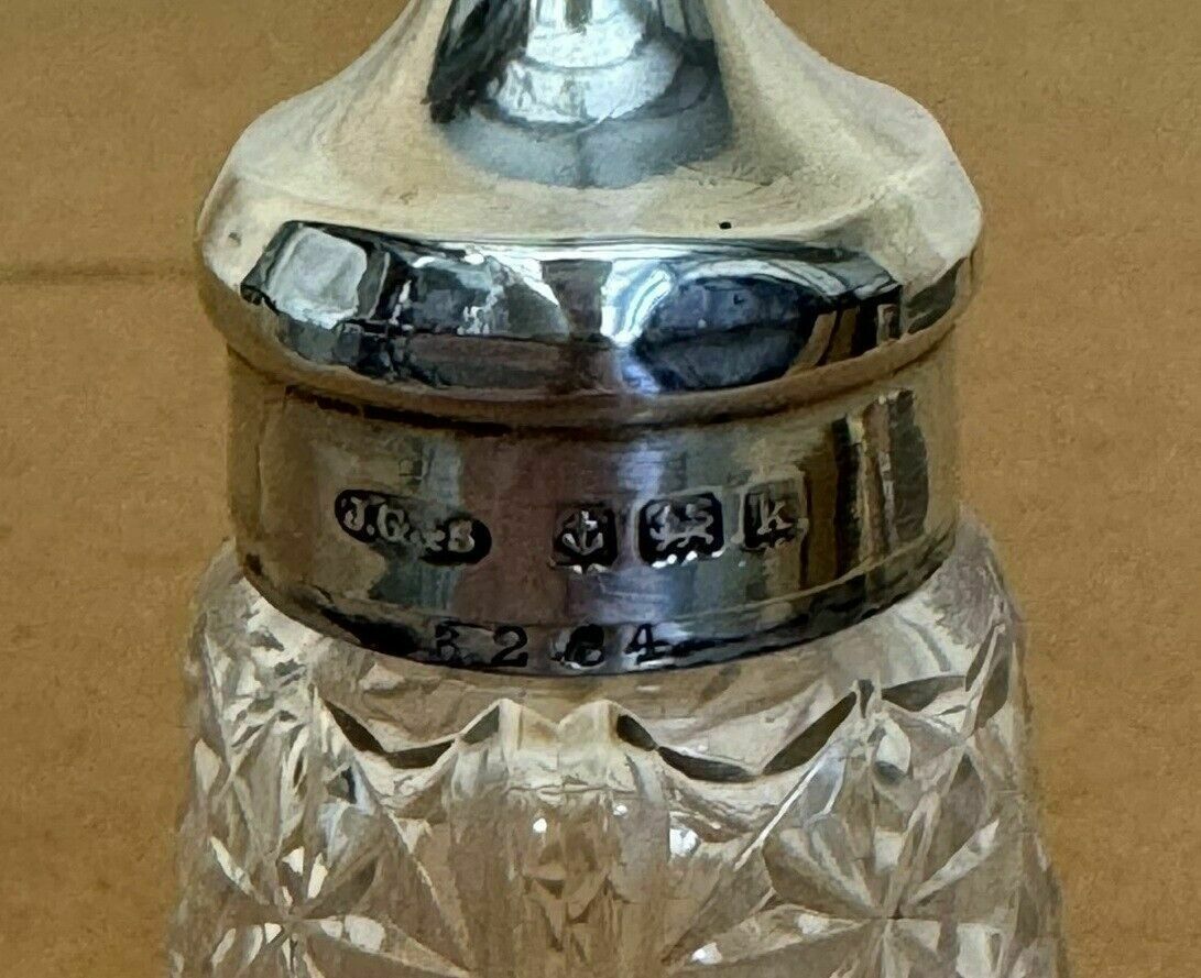 photo for sale Antique 1909 John Grinsell & Sons Sterling Silver Cut Glass Crystal Salt Shaker