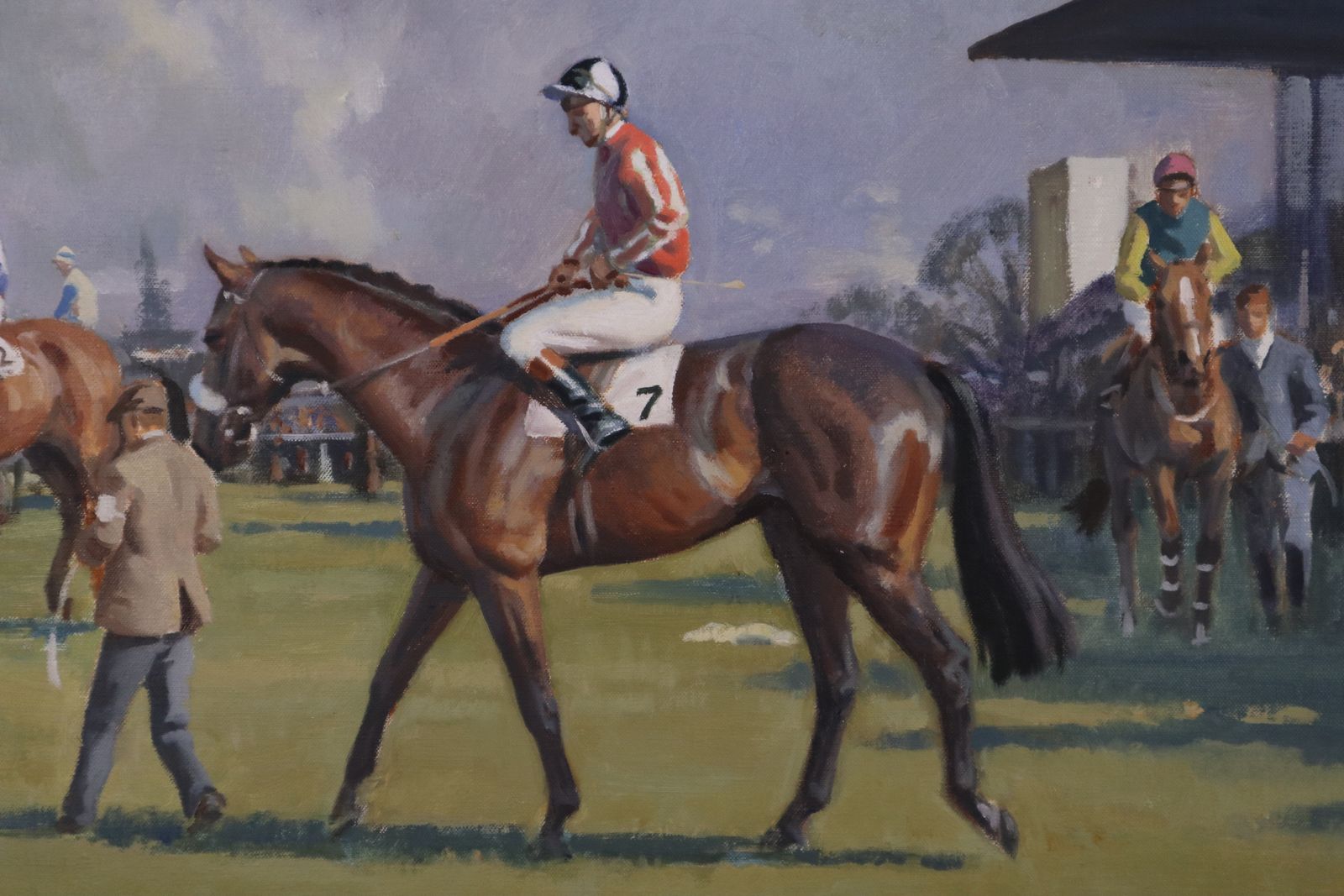 photo furniture 'Jockeys Get Mounted' By Neil Cawthorne ( 1936 2022) Framed Oil On Canvas Original Painting