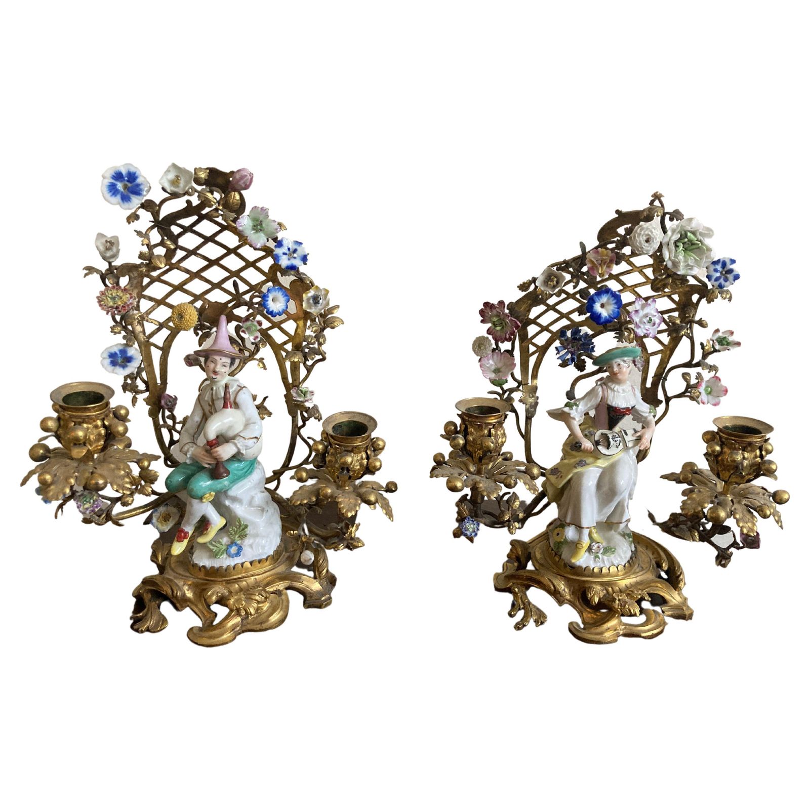 Meissen Pair Of Musicians Seated In Ormolu Candelabra