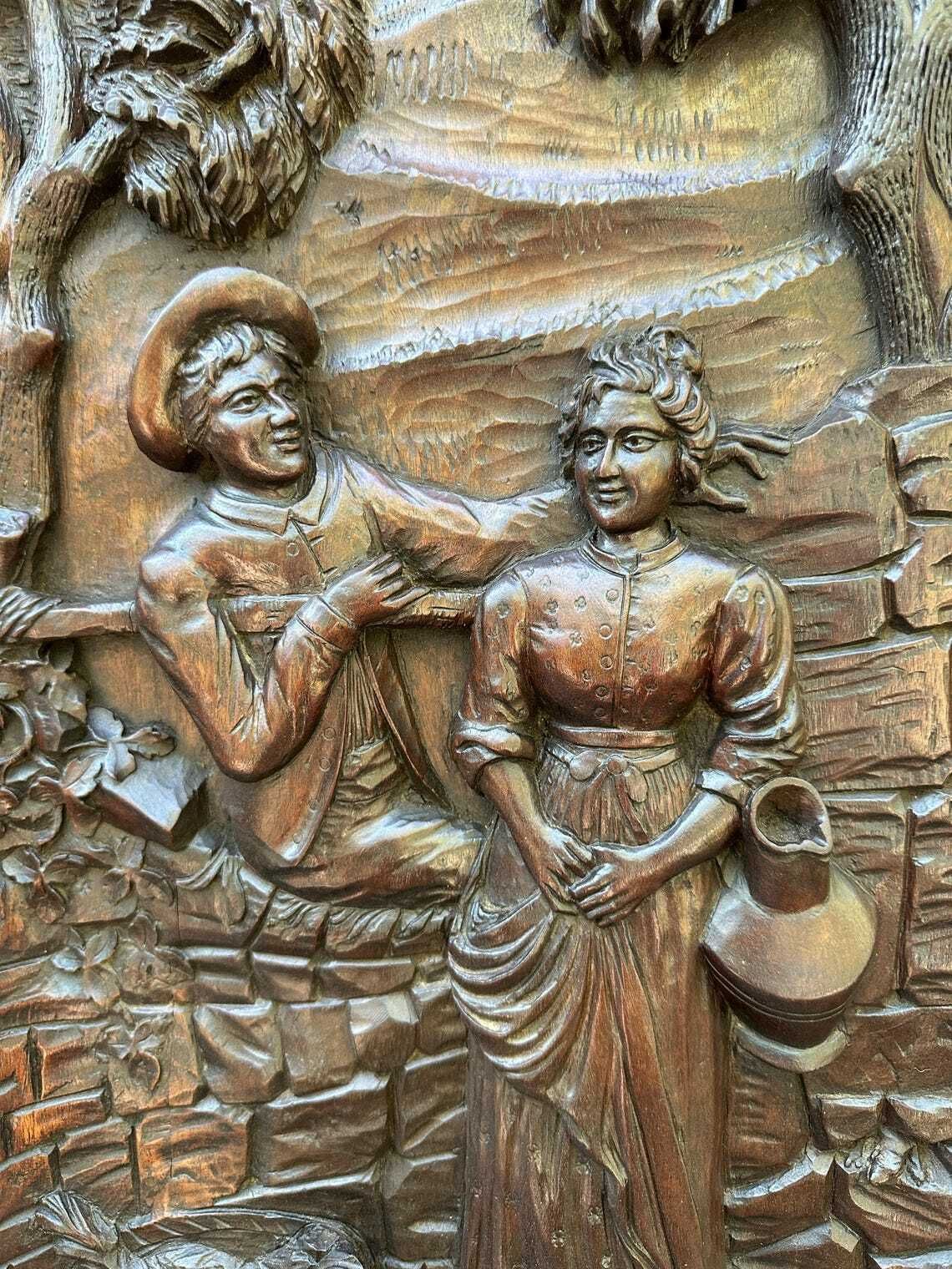 French Antique Architectural Romantic Peasant Scene Carved Wood Wall Panel 19th photo furniture