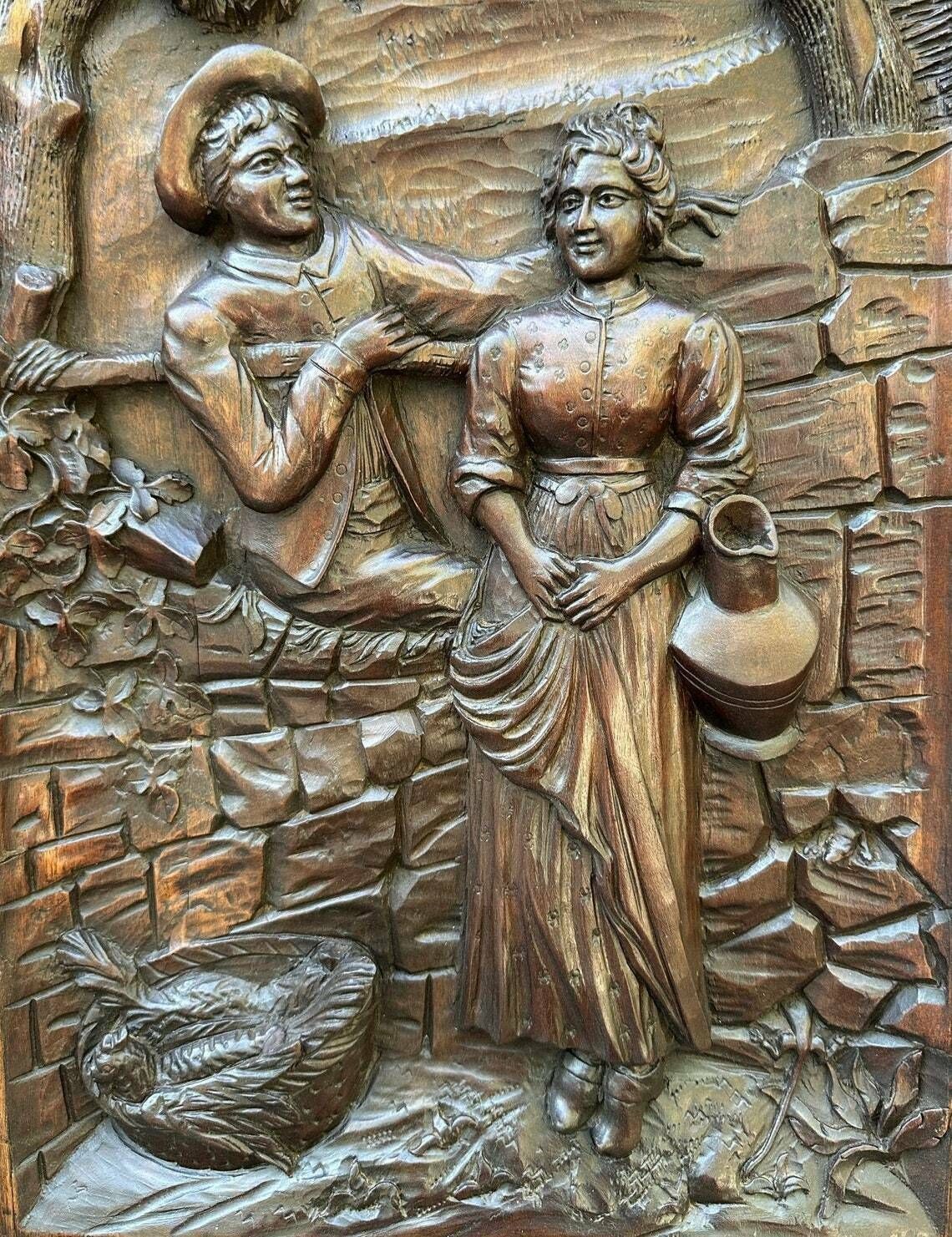 French Antique Architectural Romantic Peasant Scene Carved Wood Wall Panel 19th photo for sale
