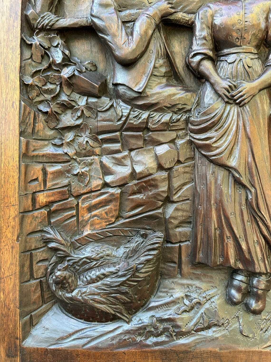 French Antique Architectural Romantic Peasant Scene Carved Wood Wall Panel 19th photo buy