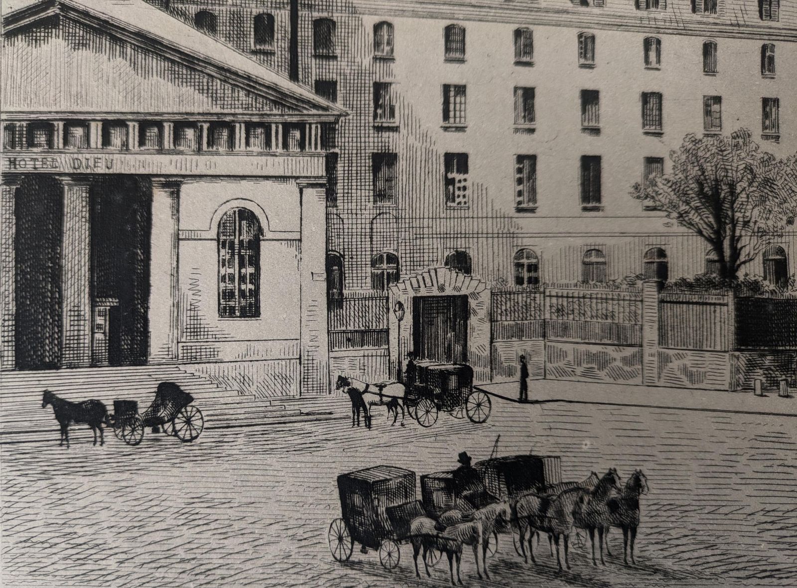 Antique French Etching By Apeux Of The Hospital Dieu Paris, Eau Forte Hôtel Dieu, Art Engraving photo Art