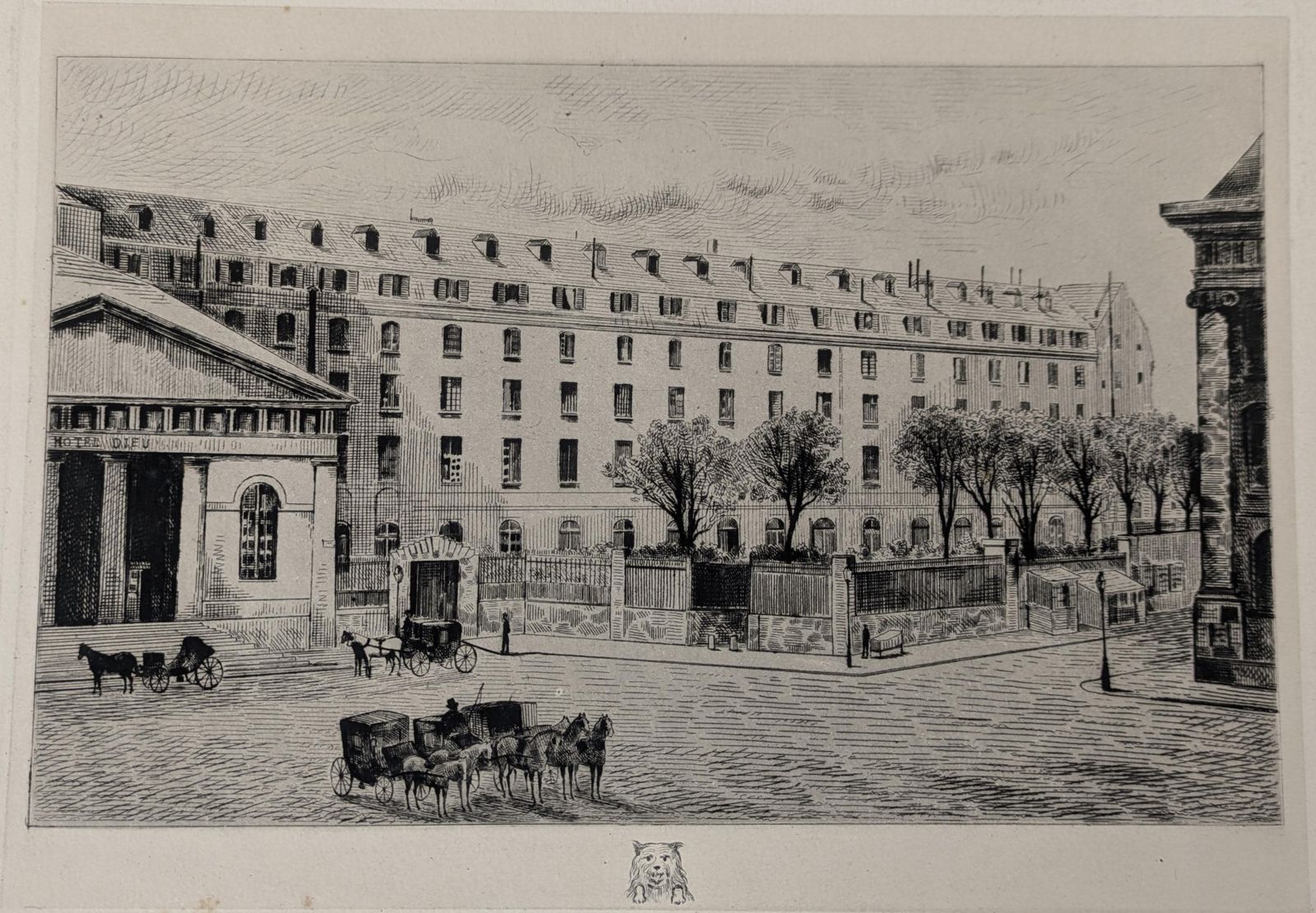 Antique French Etching By Apeux Of The Hospital Dieu Paris, Eau Forte Hôtel Dieu, Art Engraving photo vinterior