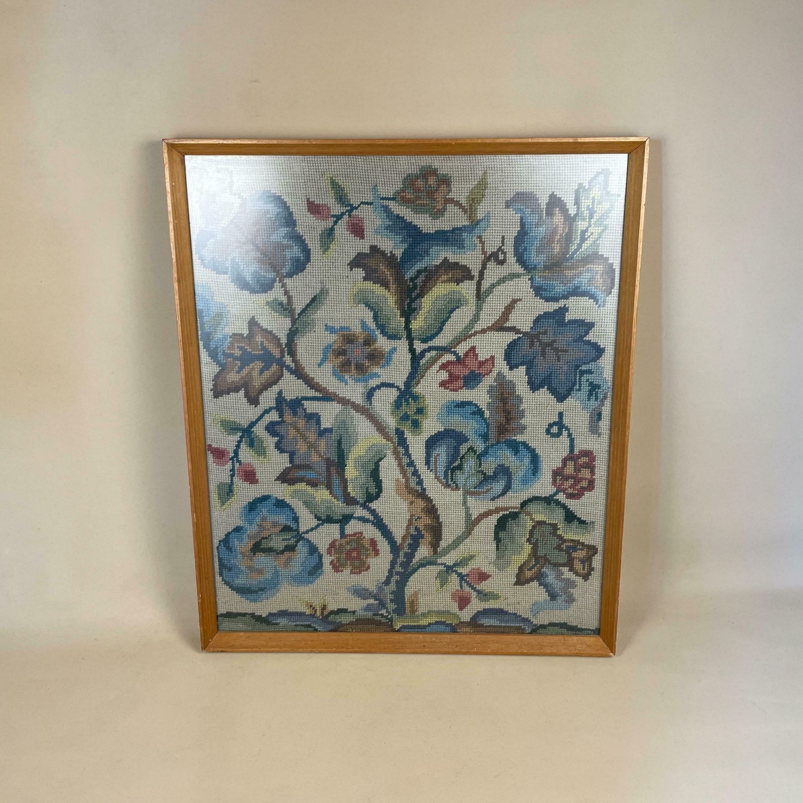 Flower Tree Embroidered Hand Stitched Floral Picture Wall Art Large Cottage Green Blue Fabric Textile Wood Frame Large