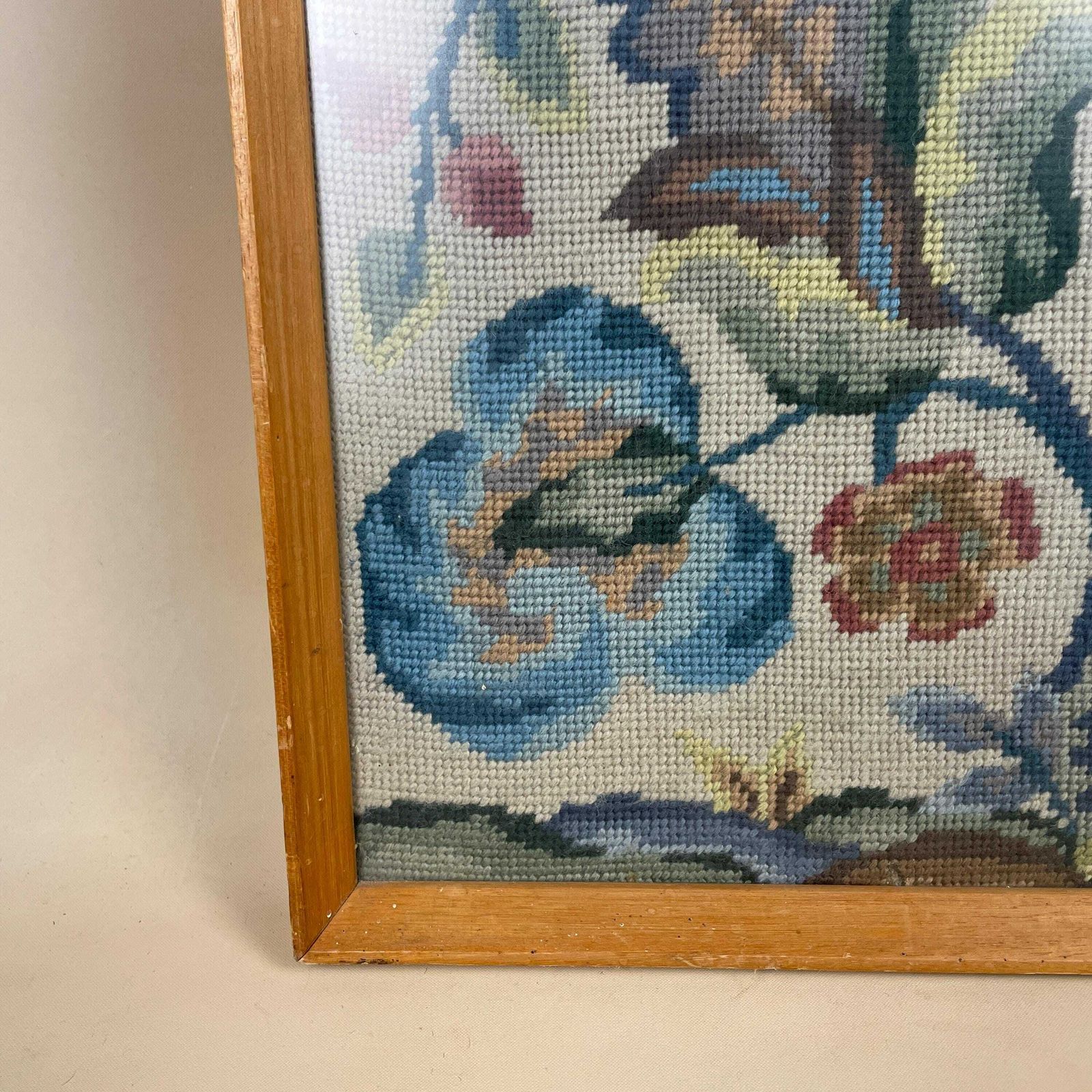 Flower Tree Embroidered Hand Stitched Floral Picture Wall Art Large Cottage Green Blue Fabric Textile Wood Frame Large photo 69.0