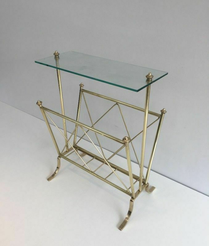 Neoclassical Style Brass Magazine Rack With Glass Shelf By Maison Jansen photo for sale