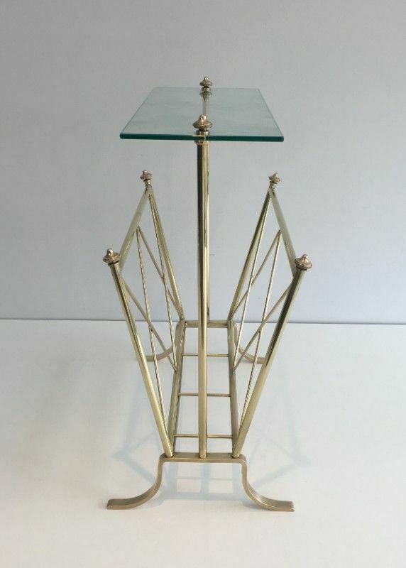 photo furniture Neoclassical Style Brass Magazine Rack With Glass Shelf By Maison Jansen