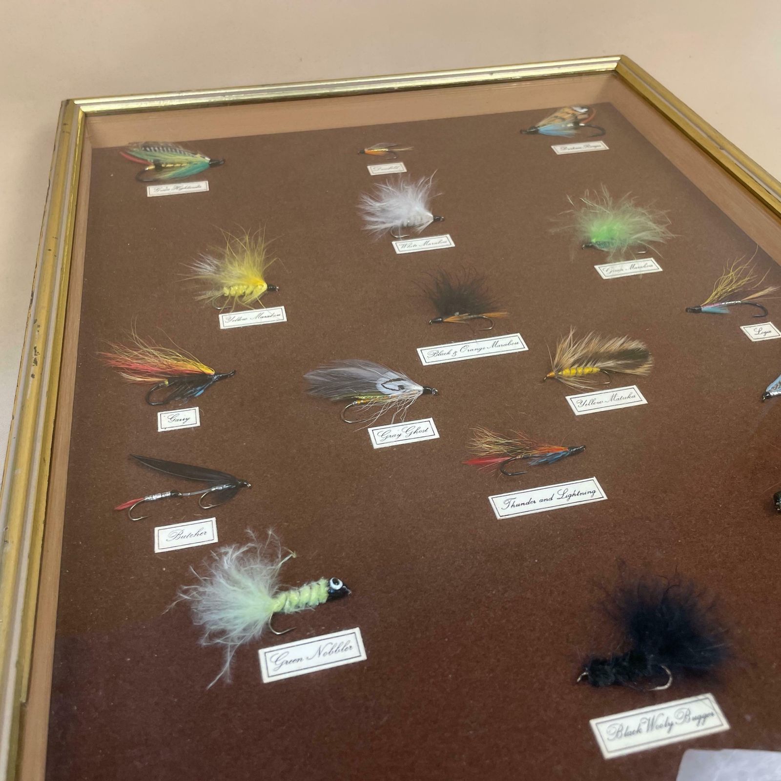 Framed Fishing Flies Lures Display Vintage Antique Boat Wall Art X21 Pieces Gold Frame photo for sale