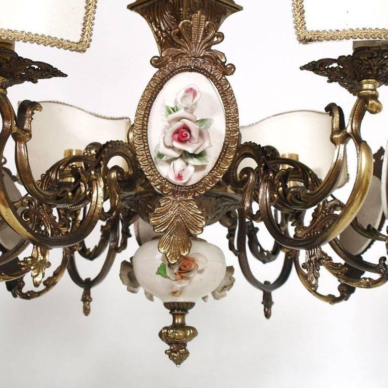Art Nouveau Italy Six Lights Chandelier In Burnished Brass And Bassano Ceramic photo furniture