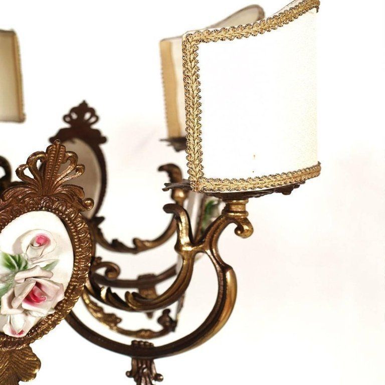 Art Nouveau Italy Six Lights Chandelier In Burnished Brass And Bassano Ceramic photo for sale