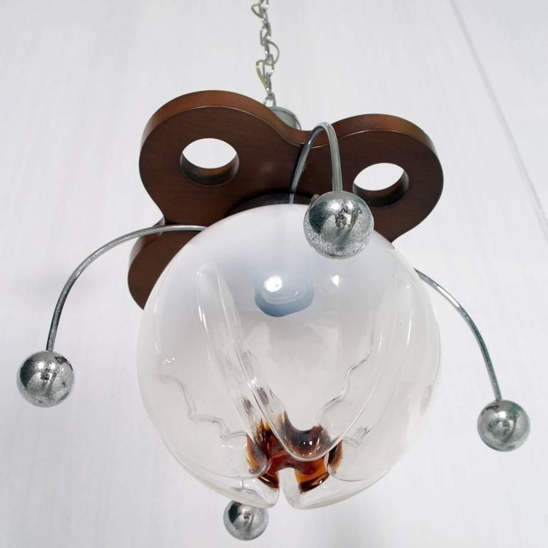 Italian 1960s Mazzega Murano Glass Chandelier, Atomo, Wood And Chrome Plated photo furniture
