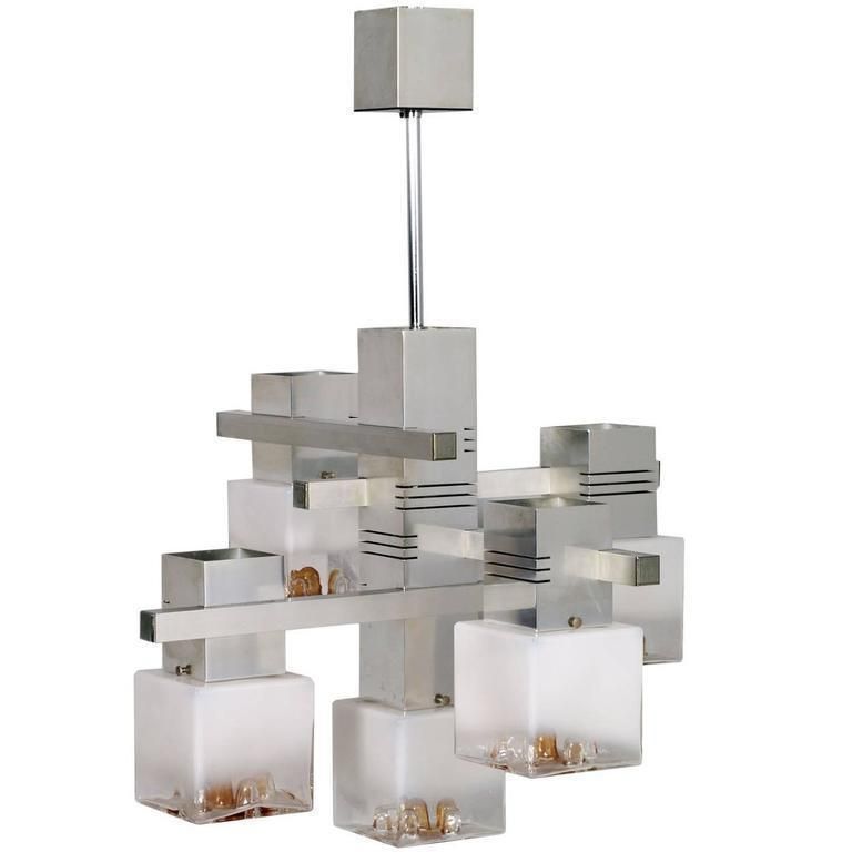 Metal Chrome Chandelier "Cubic" By Gaetano Sciolari For Mazzega Murano Glass