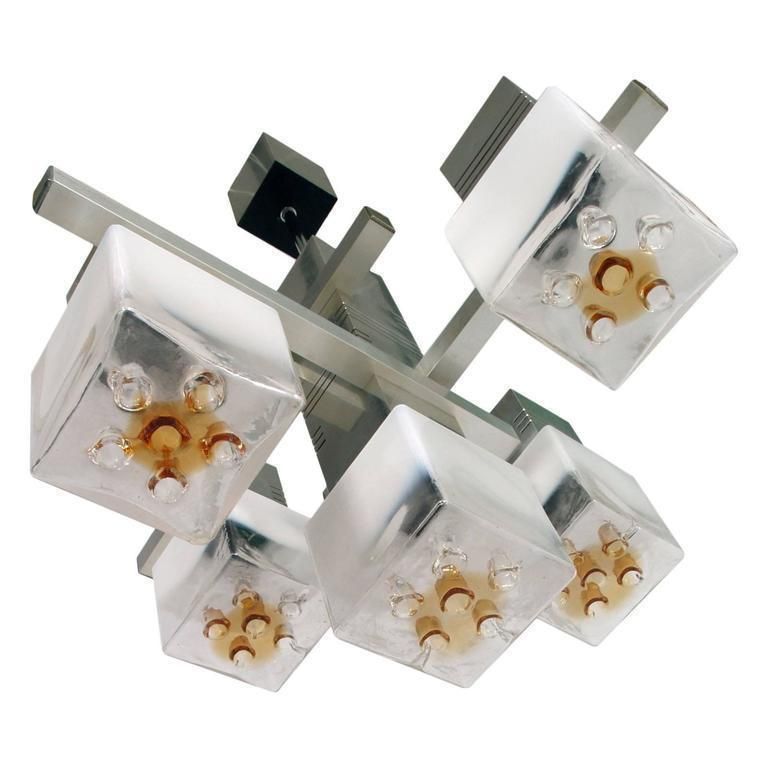 Metal Chrome Chandelier "Cubic" By Gaetano Sciolari For Mazzega Murano Glass photo 4116.8
