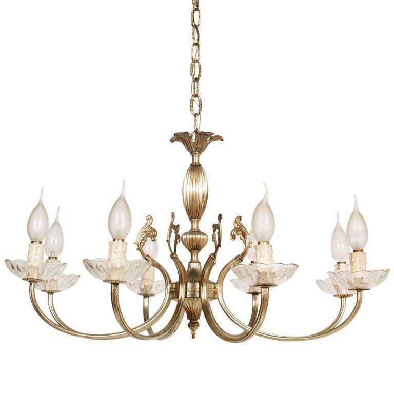 Florentine Midcentury Modern Eight Lights Chandelier In Silvered Brass