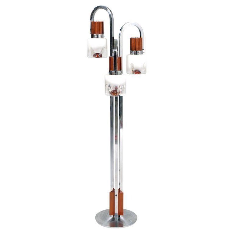 1970s Three Light Floor Lamp Chromed Steel Murano Glass, Carlo Nason For Mazzega