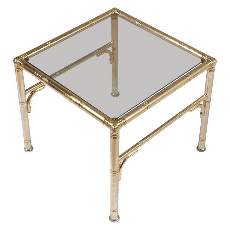 Italian Midcentury Coffee Tables, Faux Bamboo In Gilt Metal, Smoked Glass Top