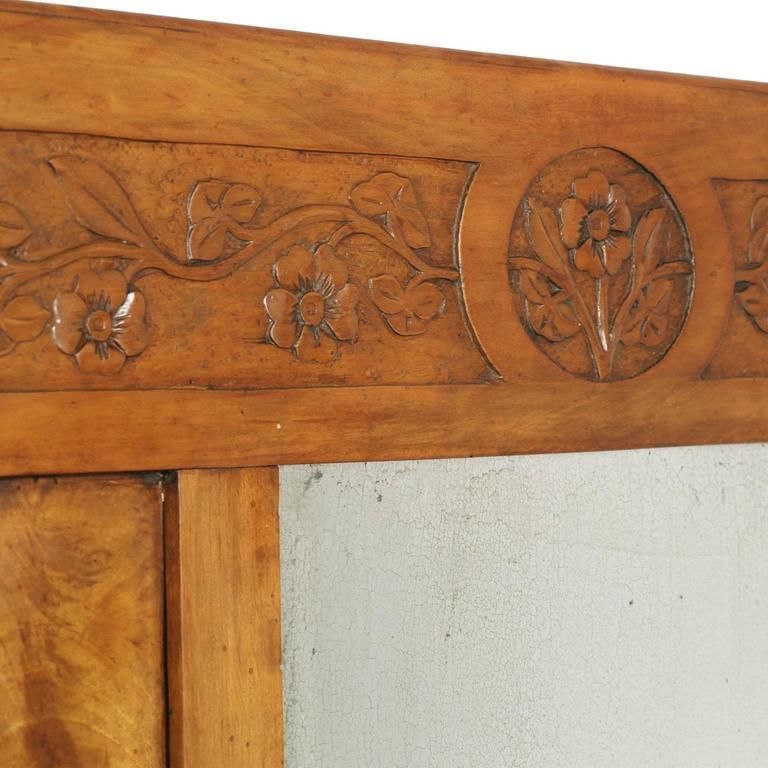 Art Nouveau Wall Mirror In Hand Carved Blond Walnut With Shelf And Two Drawers photo for sale