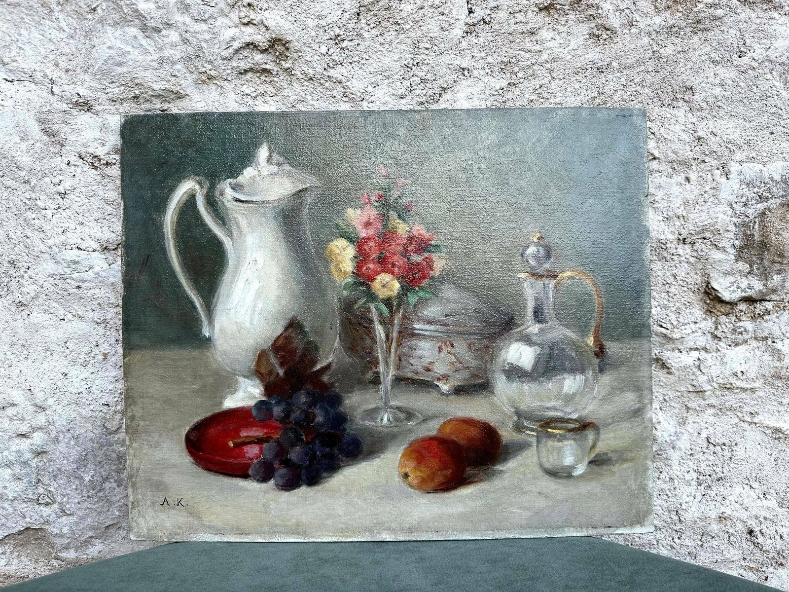 Still Life Oil Painting Fruits, Flowers, Porcelain And Glass Origin Art Signed Ak