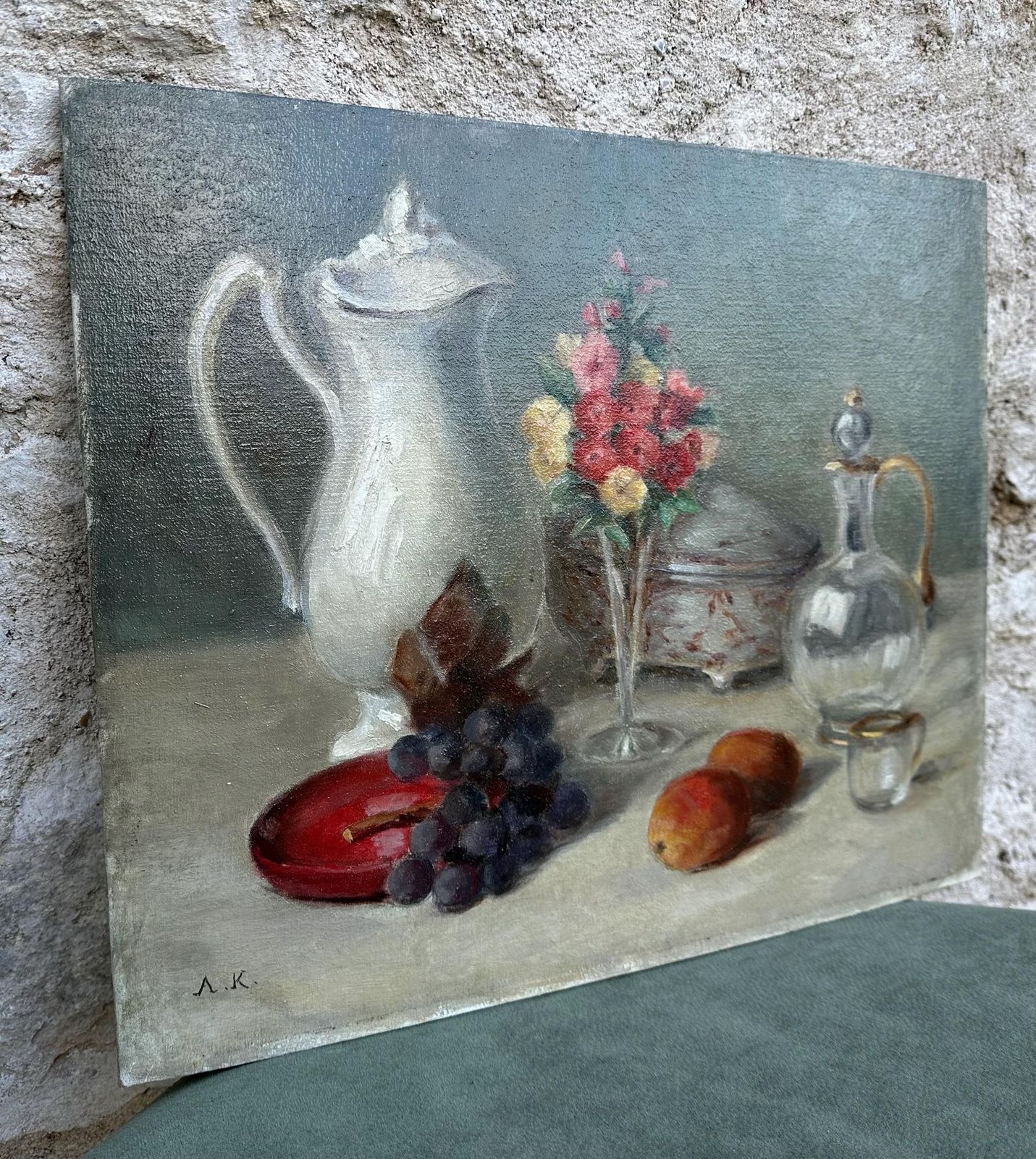 Still Life Oil Painting Fruits, Flowers, Porcelain And Glass Origin Art Signed Ak photo for sale