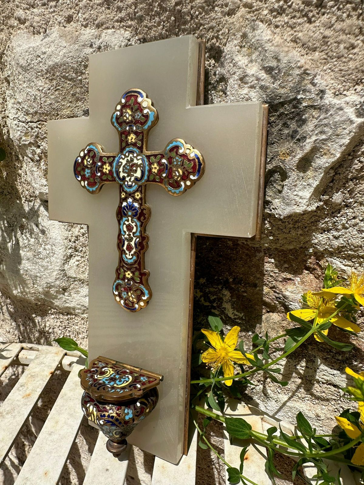 Antique French Cloisonne Enamel Holy Water Font On White Marble photo vinterior