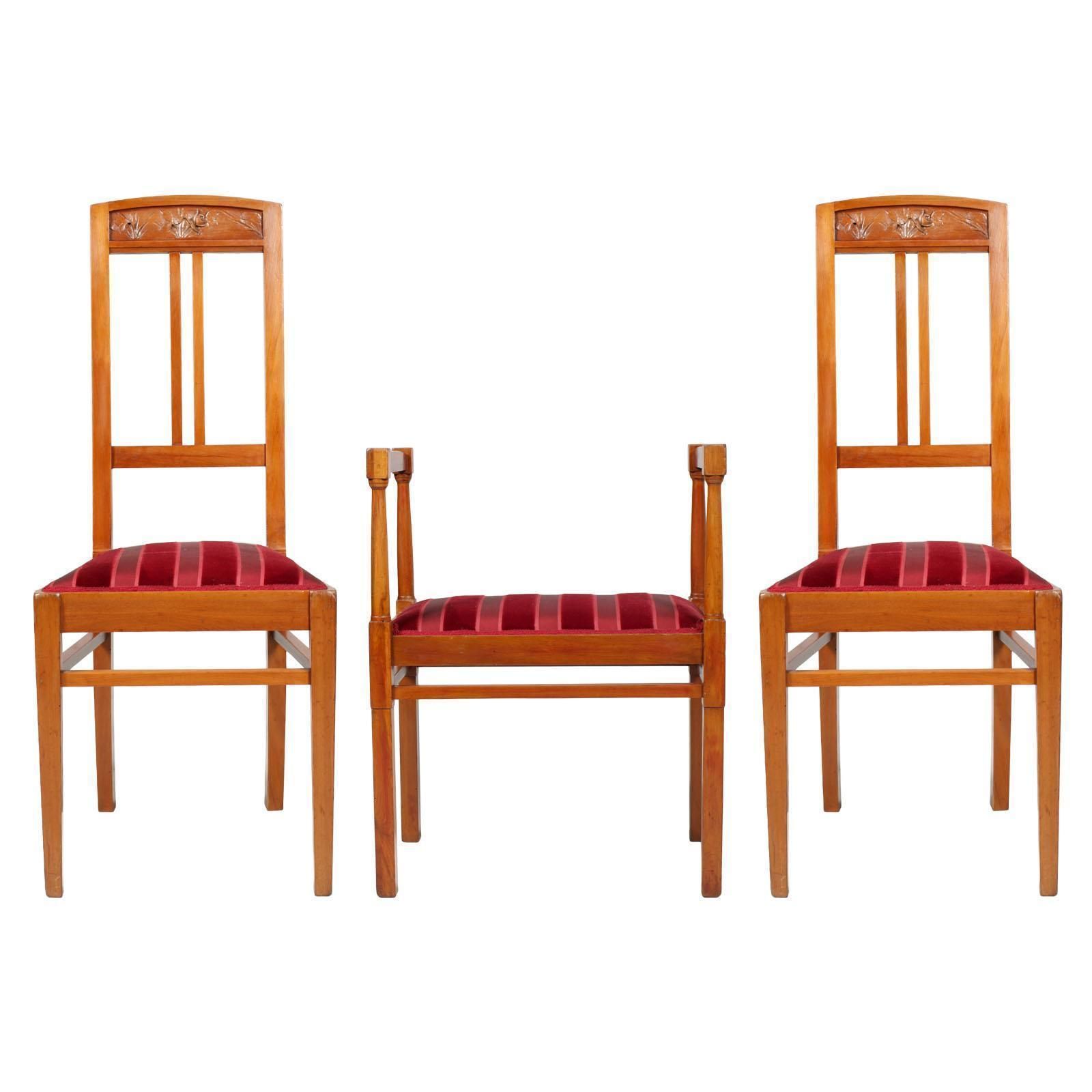 Italian Art Nouveau Side Chairs With Stool, Blond Walnut, Restored Wax Polished