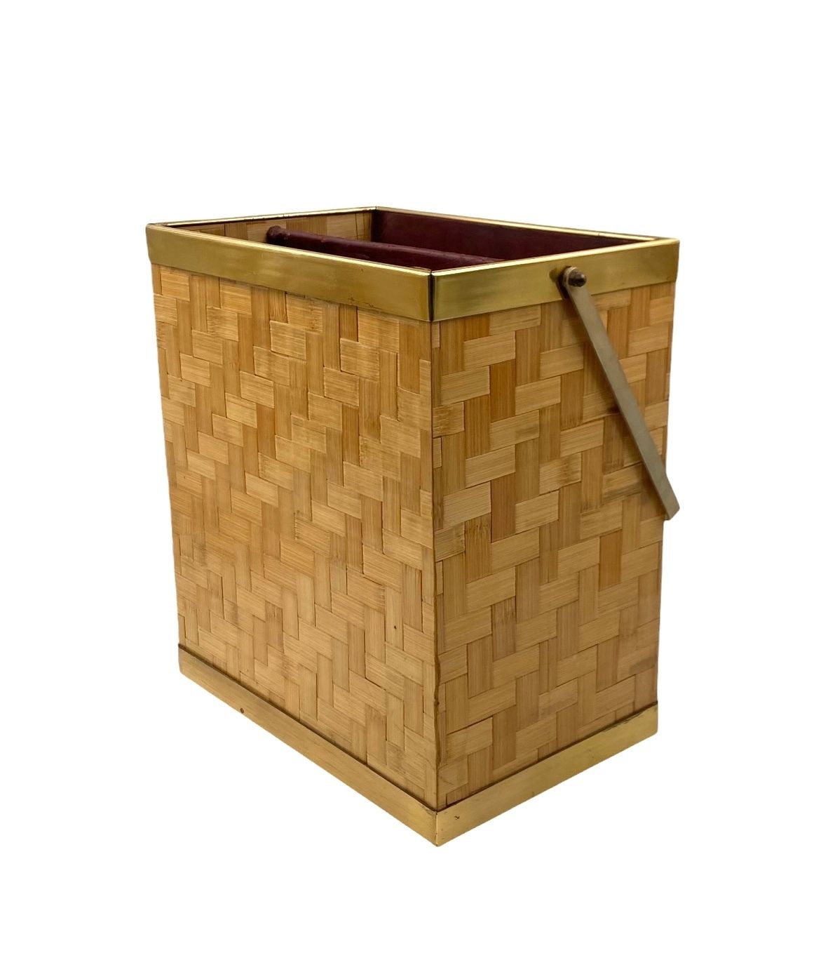 photo furniture Hollywood Regency Brass And Woven Bamboo Magazine Rack, Metal Linea Nova Italy 1970