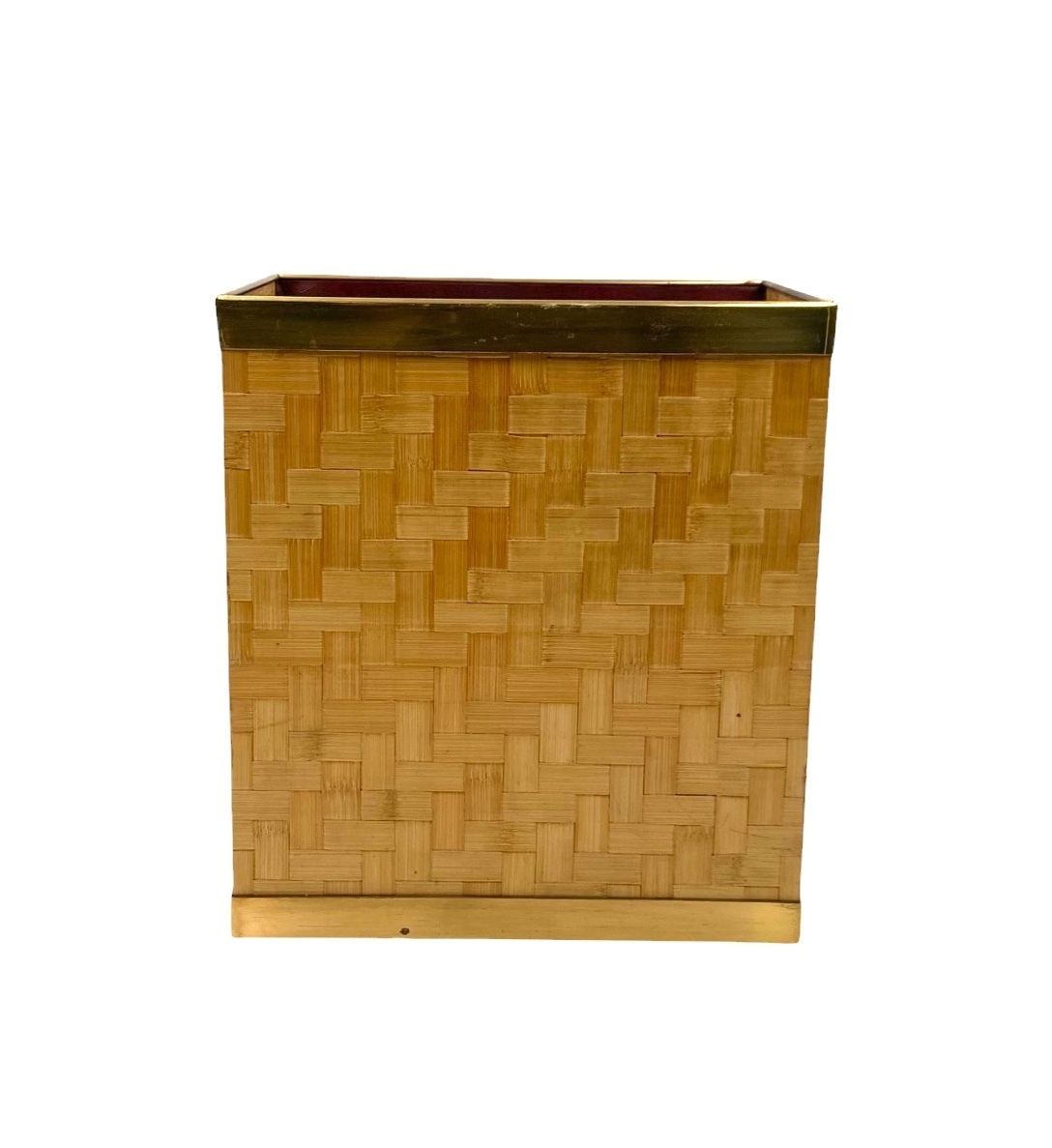 450.0 Hollywood Regency Brass And Woven Bamboo Magazine Rack, Metal Linea Nova Italy 1970 photo