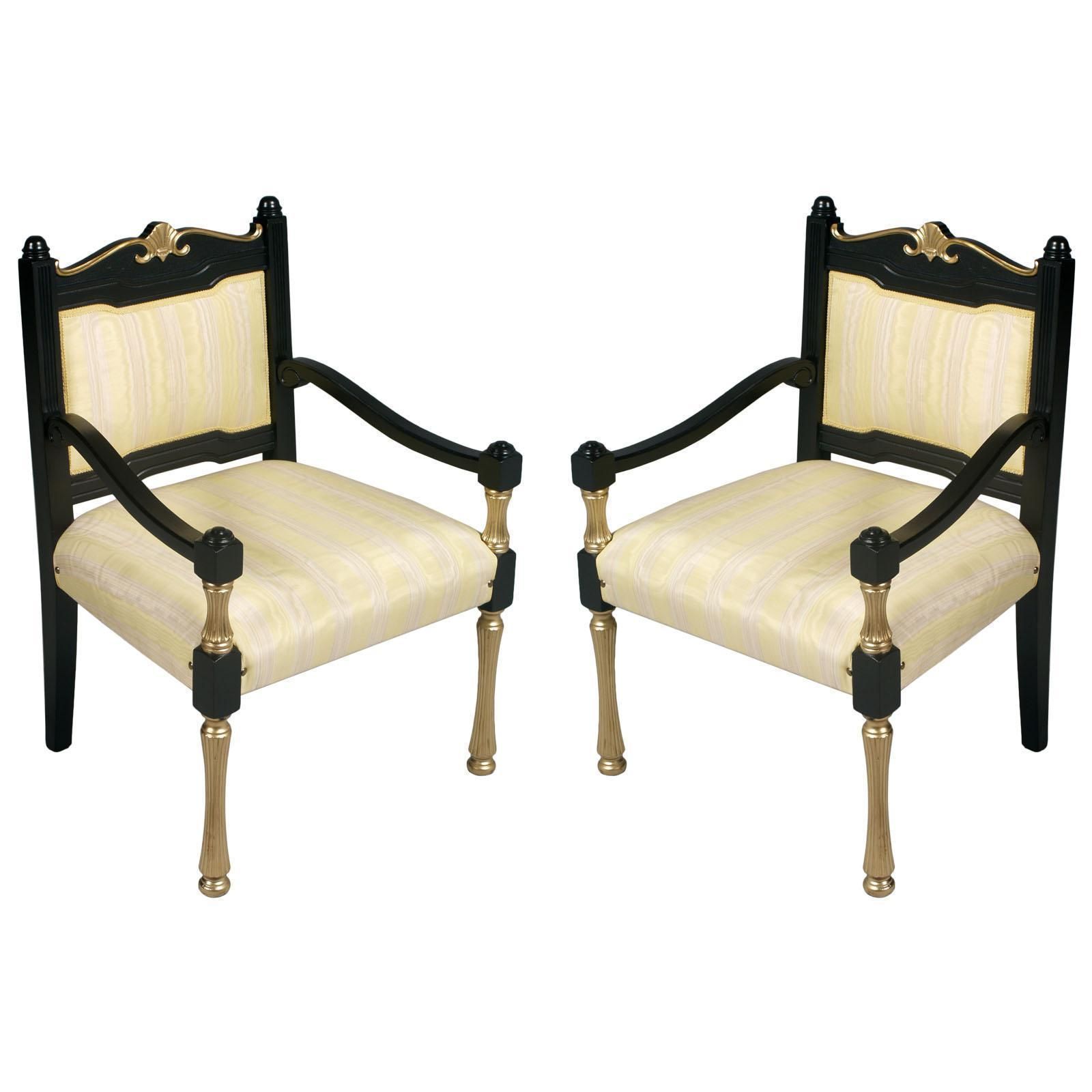 Italy Early 20th C Chairs Armchairs Lacquered And Gilt Wood, Velvet