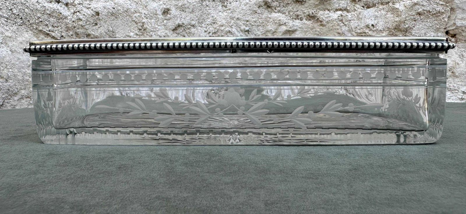 Antique Crystal And Silver Lidded Box, French Vanity Or Bathroom Set, Jewelry Casket photo for sale