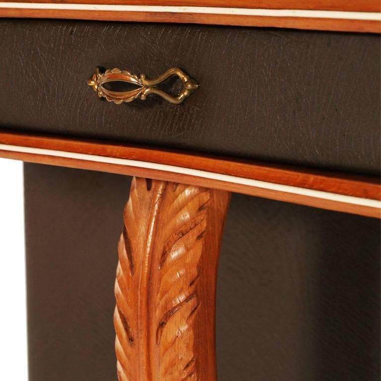 Mid Century Console Attributable To Ico Parisi In Cherrywood And Brown Leather photo for sale