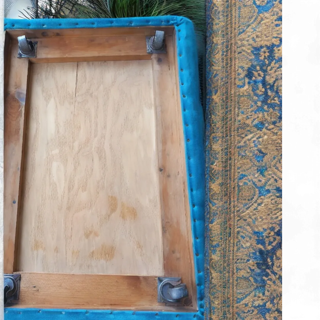 photo for sale Vintage Velvet Ottomann In Peacock Blue