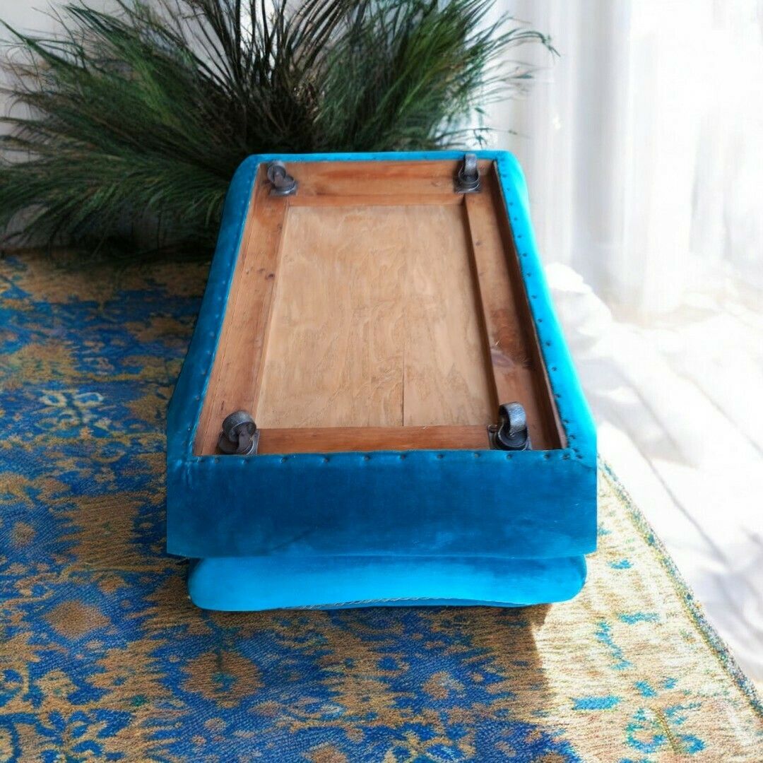 Furniture Vintage Velvet Ottomann In Peacock Blue photo