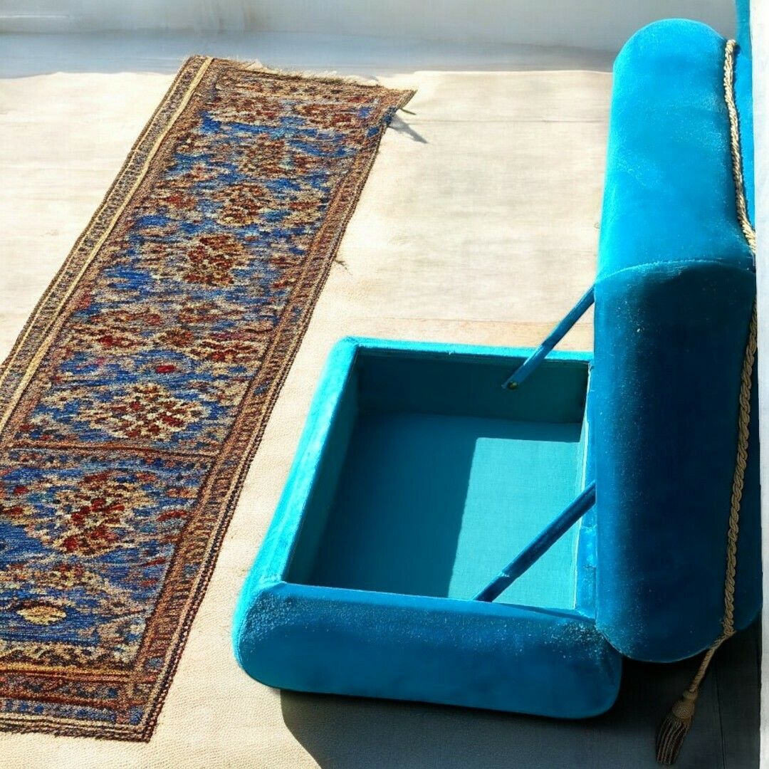 Vintage Velvet Ottomann In Peacock Blue photo Furniture