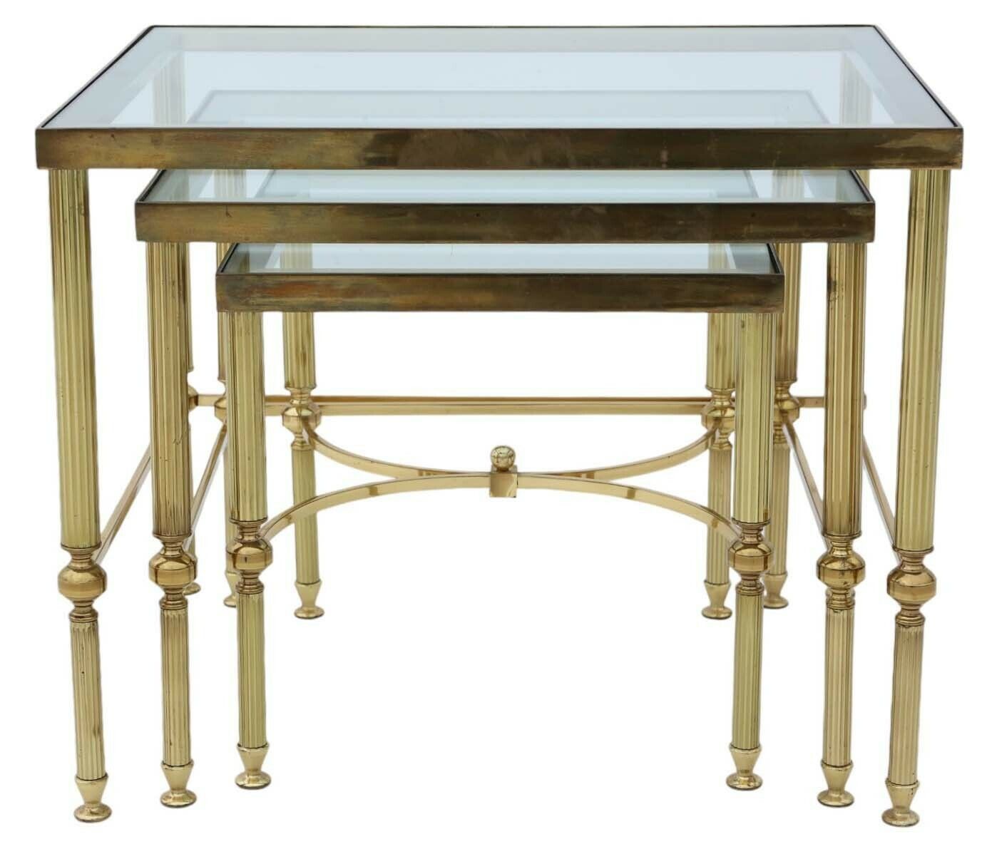 Vintage Retro Fine Quality Nest Of 3 Ormolu Brass And Glass Tables Coffee Side photo furniture