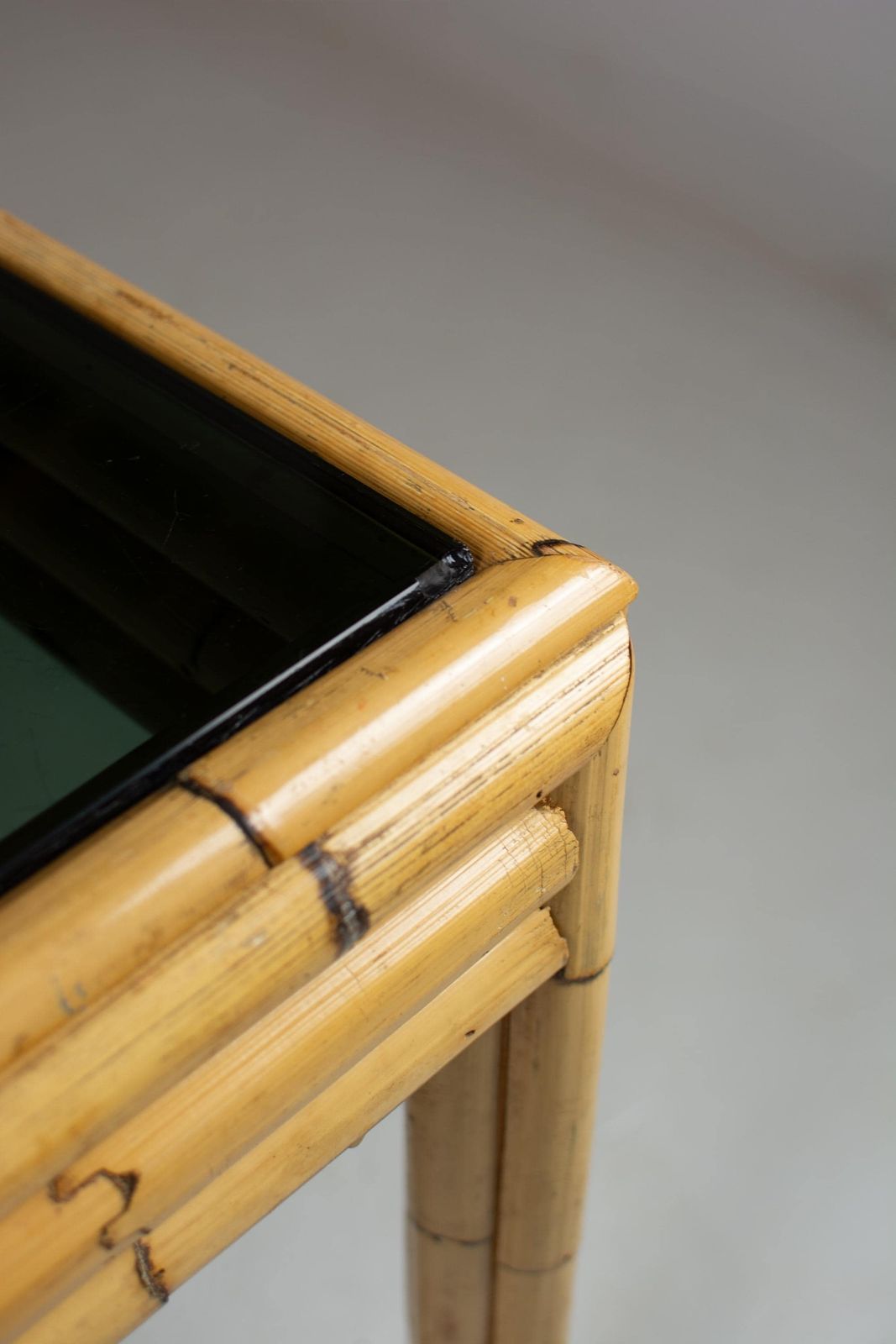 Vintage Bamboo Dining Table With Smoked Glass Top, C.1980's Spanish. photo vinterior