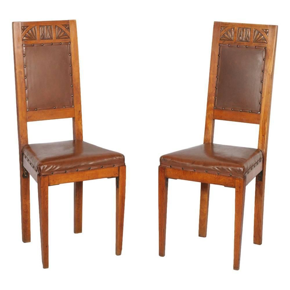 Pair Original Art Nouveau Chairs, Hand Carved Blonde Cherry, Leather Upholstered