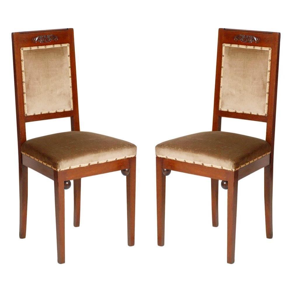 Wiener Werkstätte Art Nouveau Chairs In Walnut, Original Taupe Velvet Upholstery
