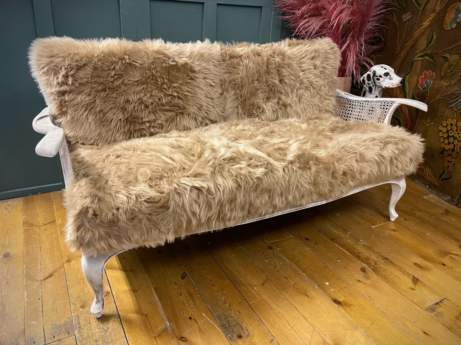 Unique Sheepskin Bergere Caned Sofa Distressed Vintage French