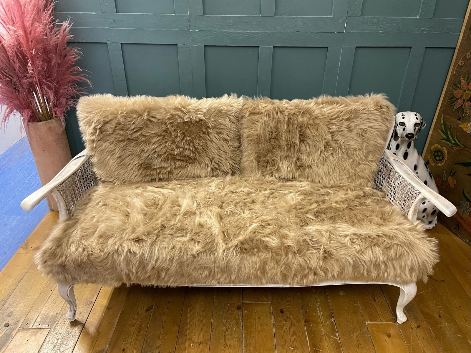 Unique Sheepskin Bergere Caned Sofa Distressed Vintage French photo vinterior