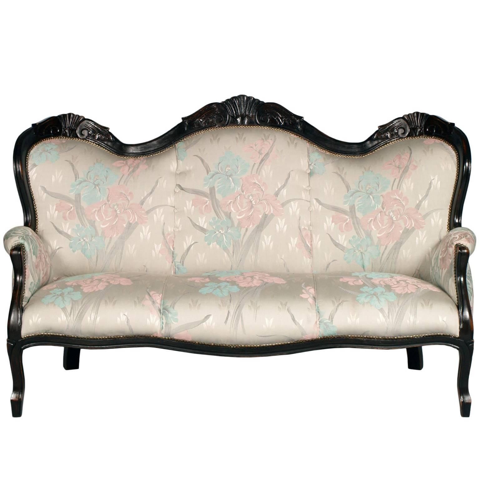 19th Century Italian Luigi Filippo Sofa, Ebonized Carved Walnut Re Upholstered