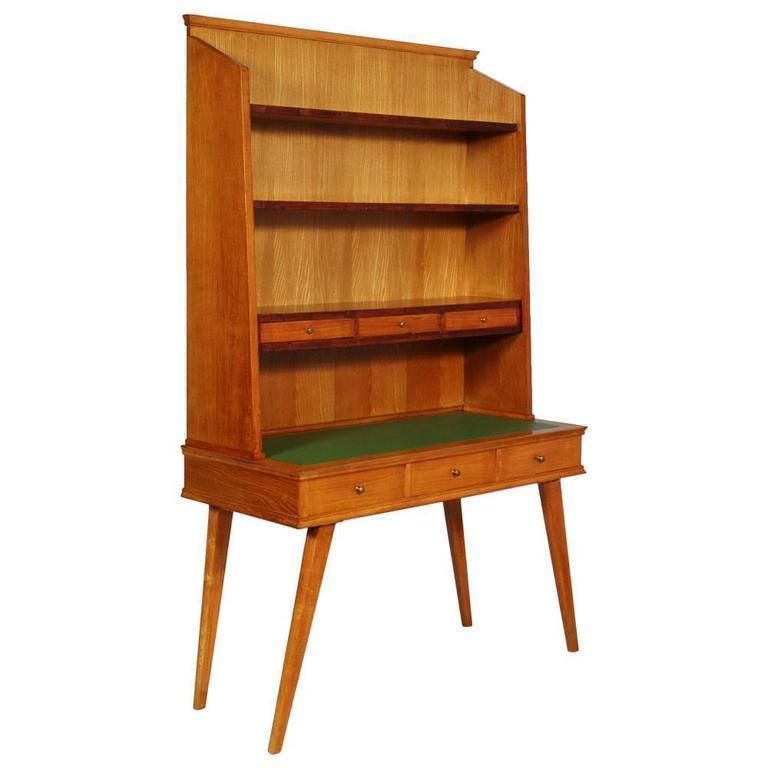 Mid Century Modern Desk With Bookcase Maple Wood Ico Parisi Style Period, 1950s