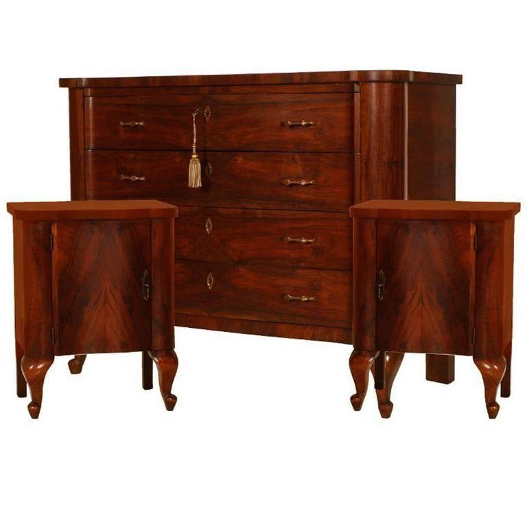Art Deco Commode And Nightstands, Walnut And Burl Walnut By Gaetano Borsani
