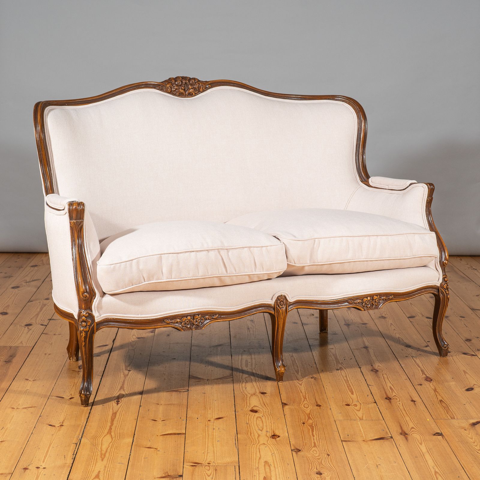 Large French Louis XV Style Carved Walnut Upholstered Sofa