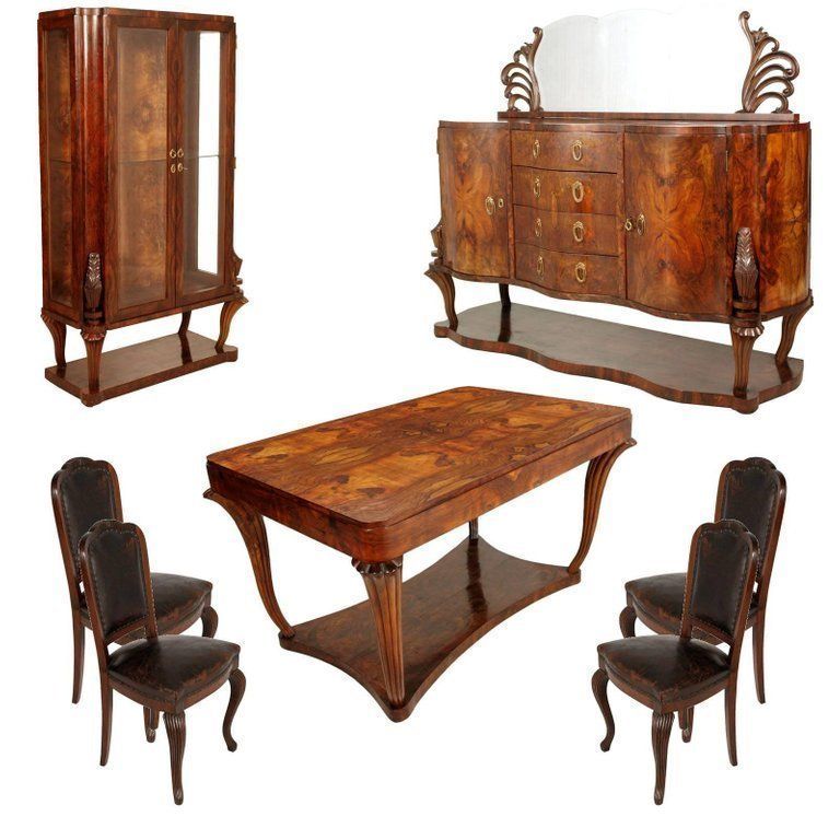 1920s Testolini & Salviati Venice Baroque Art Deco Dining Room Set Burl Walnut