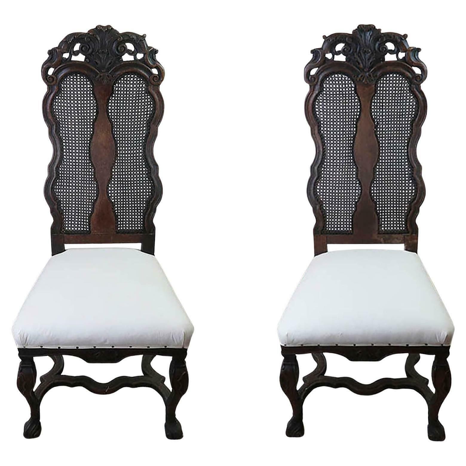Pair Of Antique Baroque Style Dutch Carved Walnut And Bergère Side Chairs.