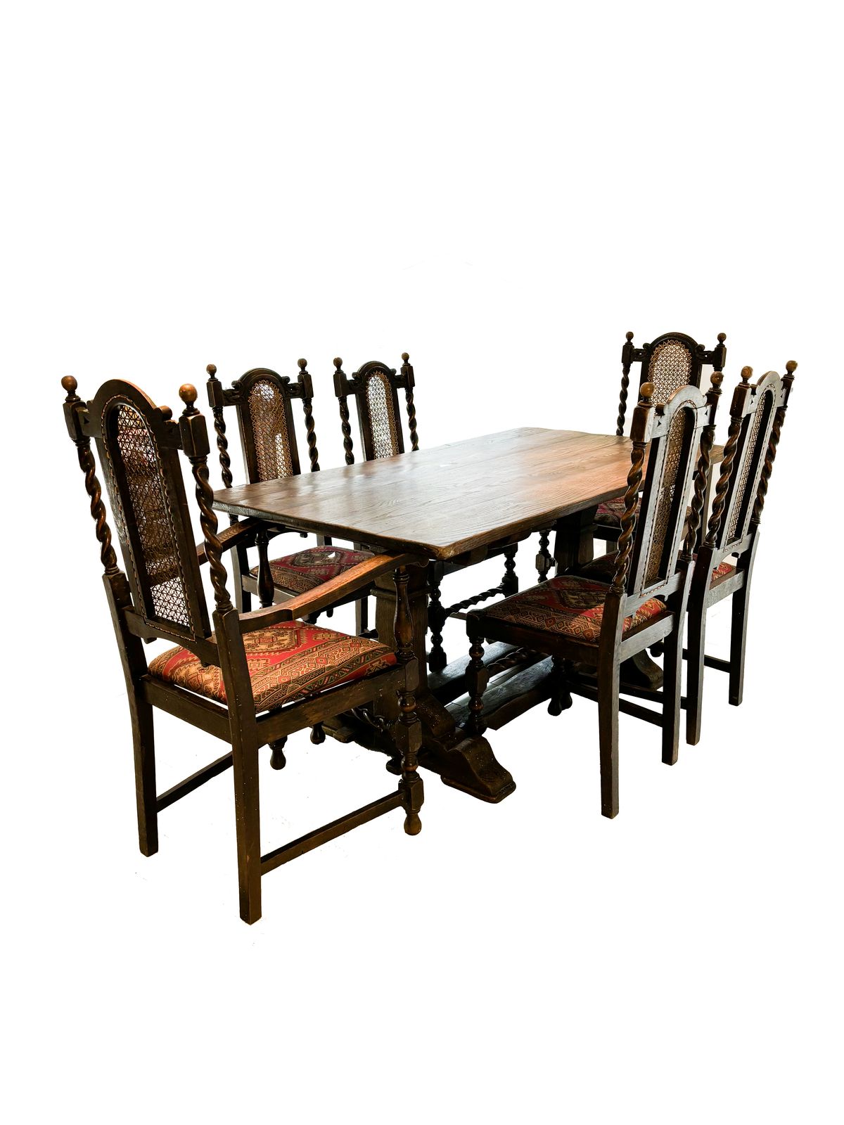 Antique Oak Refectory Dining Table With Set Of 6 Chairs Including 2 Carvers