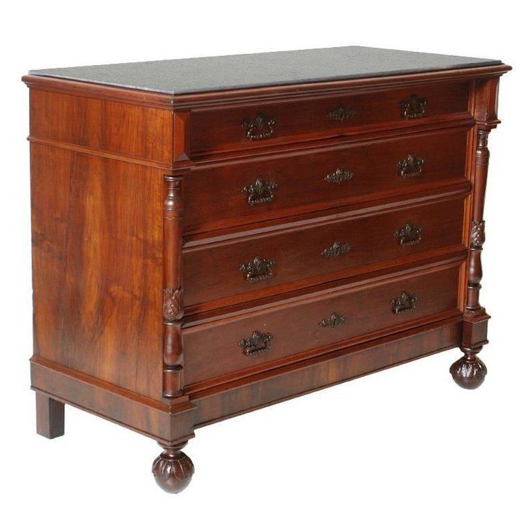 Italiy 19th C. Art Nouveau Commode Chest Of Drawers Blond Walnut Gray Marble Top